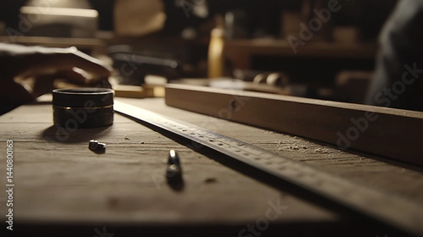 Fototapeta Close-up of a carpenter's workspace with tools and wood