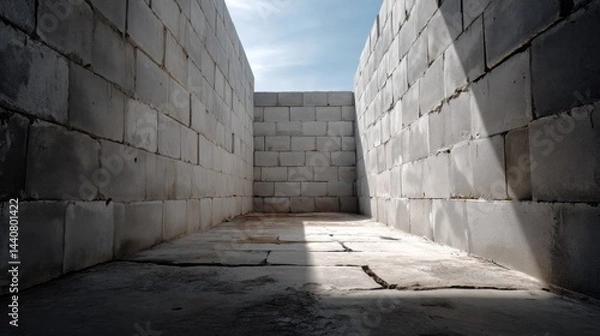Fototapeta Sunlight filters softly through an opening, casting gentle shadows across the rough surfaces of the concrete block wall. This stark environment creates a sense of isolation and contemplation