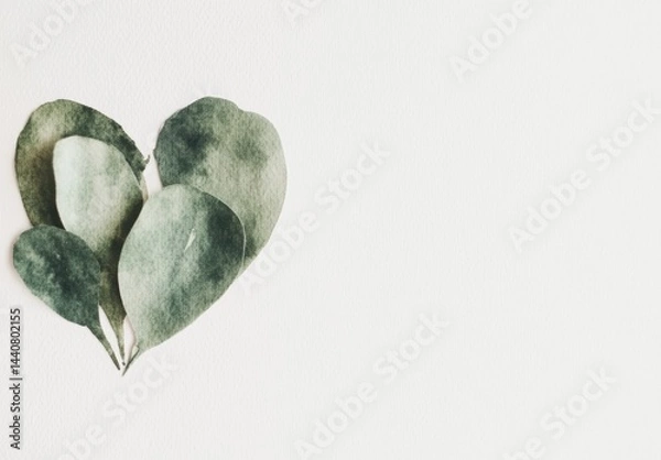 Obraz 緑の葉のハート型の水彩画がシンプルに配置されたアート作品