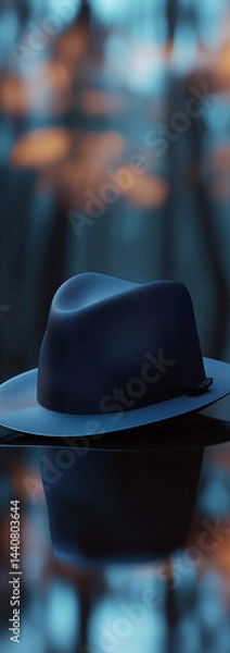 Fototapeta A digital twin of a real-world navy blue hat, sitting on a smooth reflective surface.