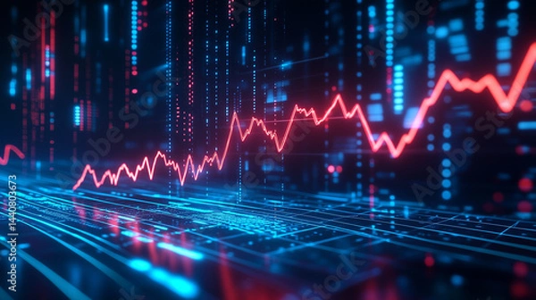 Fototapeta A dramatic financial graph plunging downward, glowing red trend lines crashing against a futuristic.
