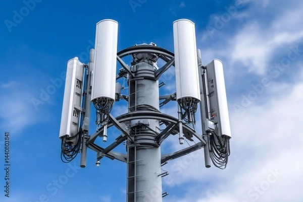 Fototapeta 5G Antenna Base Station on Mast - Modern telecommunications, wireless technology, network infrastructure, signal transmission, cellular communication