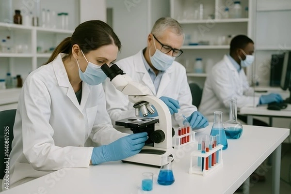 Fototapeta Scientists Conducting Laboratory Research with Microscope and Chemical Samples, Scientific Experimentation Concept