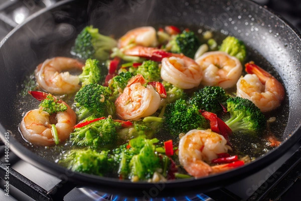 Obraz Stir fried noodles with shrimps and vegetables in a wok on dark table, top view