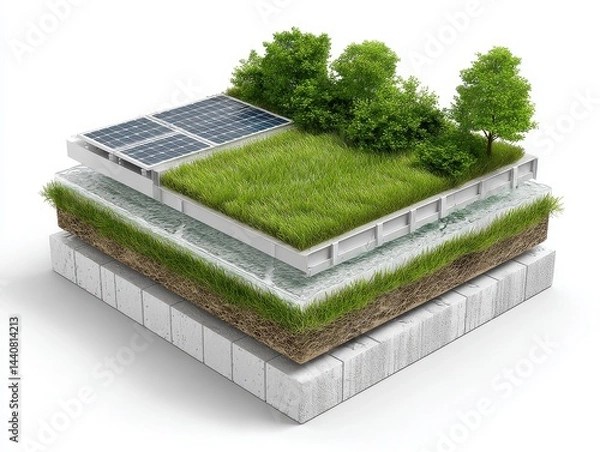 Fototapeta 3D diagram of biosolar green roof combining vegetation and solar panels, with layered soil, drainage, root barrier, and energy modules, on white