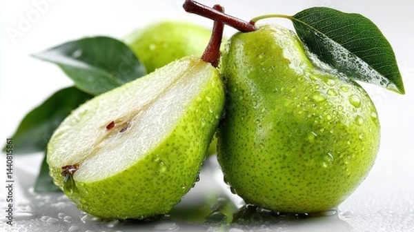 Obraz a fresh, ripe pear with a smooth green skin and a slice cut on a white isolated background, juicy and fresh design