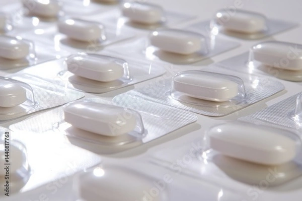 Fototapeta Close up of white oval pills packaged individually in clear blister packs on a white surface, showcasing medicine and healthcare products.