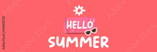 Fototapeta Hello summer pink groovy sticker and banner design with sunglasses isolated on pink. Hello summer motto sticker, tag, retro label, banner, ribbon, label png with quote. Summertime design template