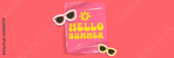 Fototapeta Hello summer pink groovy sticker and banner design with sunglasses isolated on pink. Hello summer motto sticker, tag, retro label, banner, ribbon, label png with quote. Summertime design template