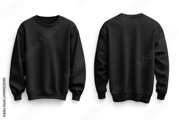Fototapeta Isolated front and back view of a plain black crewneck sweatshirt on a white background. Garment for casual wear, comfort and warmth.