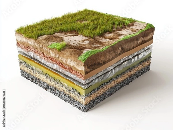 Fototapeta 3D cutaway of soil bioremediation process with bacterial injection, showing contamination layers, microbial zones, filtration and cleanup layers, clean white background