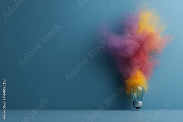 Fototapeta Lightbulb with soft coloured smoke emanating from it against a soft, calm blue grey background