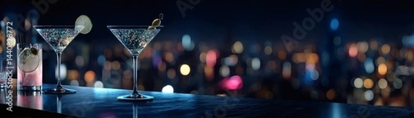 Fototapeta Enjoy refreshing cocktails with an urban city skyline view