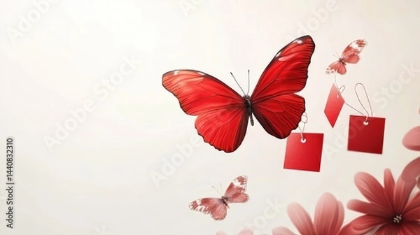 Fototapeta Floating red butterfly with discount tags, soft colors, white background, festive sale atmosphere.