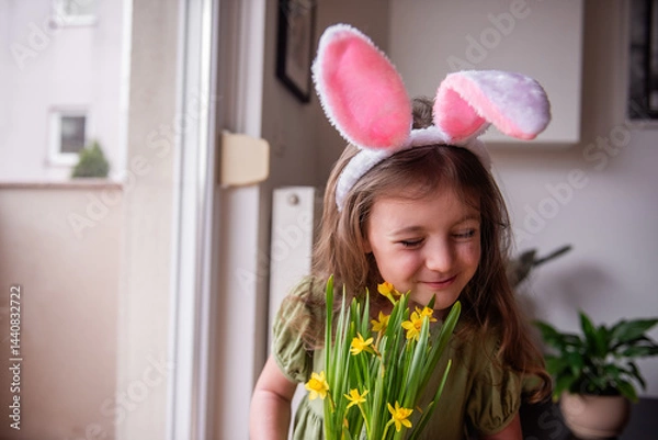 Fototapeta Adorable little girl wearing a bunny ears headband is smelling a bouquet of fresh daffodils at home, enjoying the Easter atmosphere and celebrating the arrival of spring