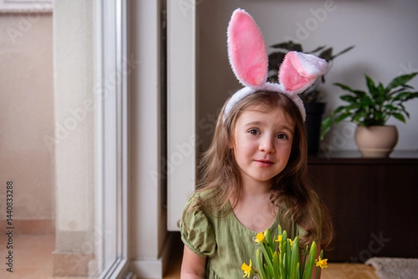 Fototapeta Adorable preschool girl wearing festive Easter bunny ears is joyfully holding a vibrant bouquet of daffodils while posing for a cheerful portrait at home, radiating happiness