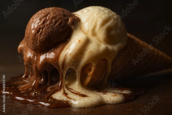 Obraz Melting ice cream cone with chocolate and vanilla flavors, indulgent dessert, close-up
