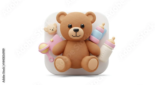 Fototapeta Charming 3D render of a plush teddy bear surrounded by baby accessories