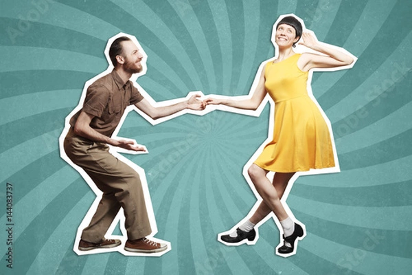 Fototapeta Rock'n'roll dance boogie woogie. Boogie acrobatic stunt in a studio background. Dance for rock-n-roll music.