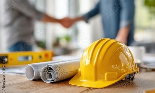 Fototapeta Construction plans, handshake, safety. Teamwork and collaboration in the building industry