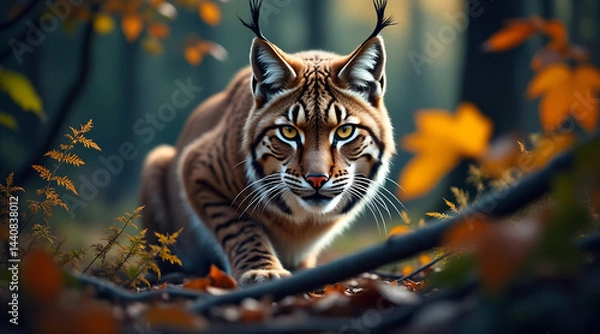 Fototapeta Lynx standing in autumn forest among orange leaves and mossy ground, captured with shallow depth of field and warm sunset lighting. Concepts: wildlife, autumn, predator, forest, nature, camouflage