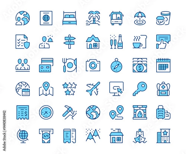 Obraz Travel icons. Vector line icon set. Modern outline design. Blue concept