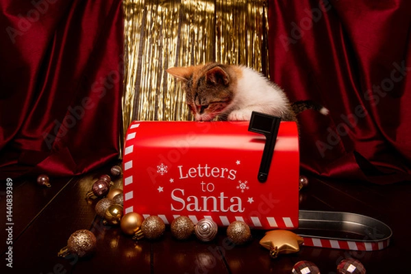 Fototapeta A playful kitten interacts with a bright red Letters to Santa mailbox surrounded by golden holiday ornaments and shimmering decorations.
