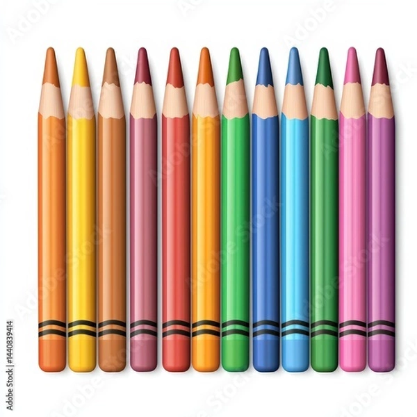 Fototapeta A set of colorful pencils arranged neatly in a row on a white background.