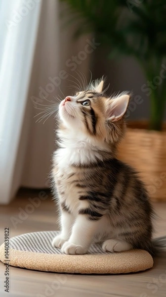 Fototapeta A curious kitten gazing upwards thoughtfully.