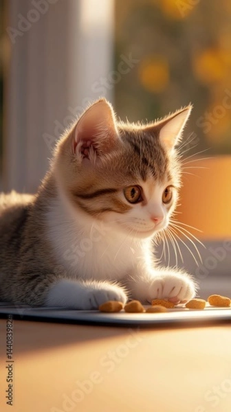 Fototapeta A curious cat gazes at its food in sunlight.