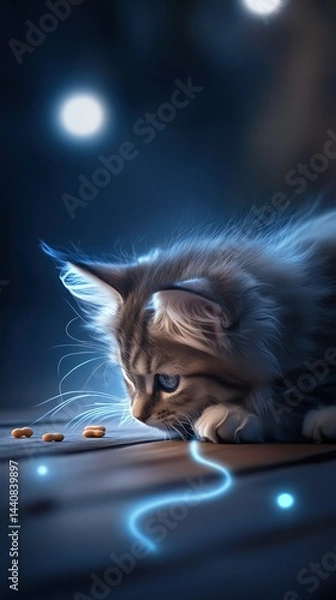 Fototapeta A curious cat exploring its surroundings at night.