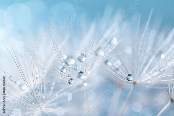 Fototapeta Close-up of a dandelion exhibiting a dreamy and delicate appearance, highlighting the macro details of its white fluffy seeds and the abstract texture of nature.