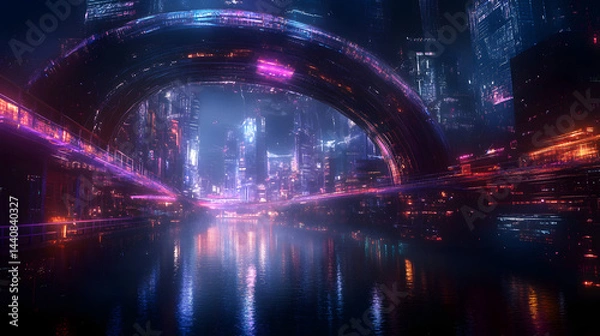 Fototapeta A digital neon landscape of a futuristic city on the water, with glowing bridges and high-tech structures reflected in the water below.