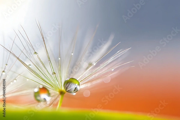 Fototapeta close-up of a dandelion exhibiting a dreamy and delicate look, highlighting the intricate macro details of its white, fluffy seeds and abstract natural texture.