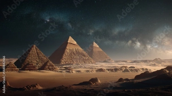 Fototapeta Three ancient pyramids stand majestically under a dark, starlit sky, creating a sense of wonder and mystery
