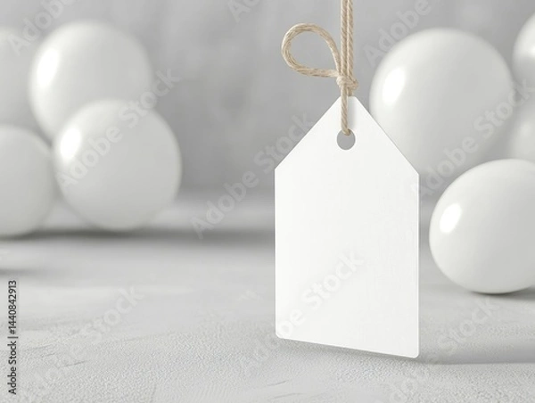 Fototapeta Simple white empty sale tag, ballons in background.