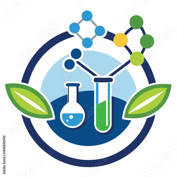 Obraz Vector logo created for a pharmaceutical manufacturing company showcasing chemical compounds and laboratory equipment