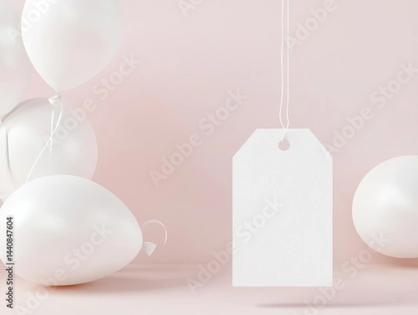 Fototapeta Simple white empty sale tag, ballons in background,