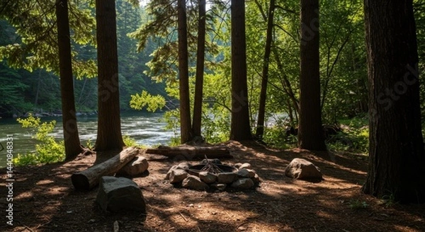Fototapeta Riverside forest campsite with sunlight