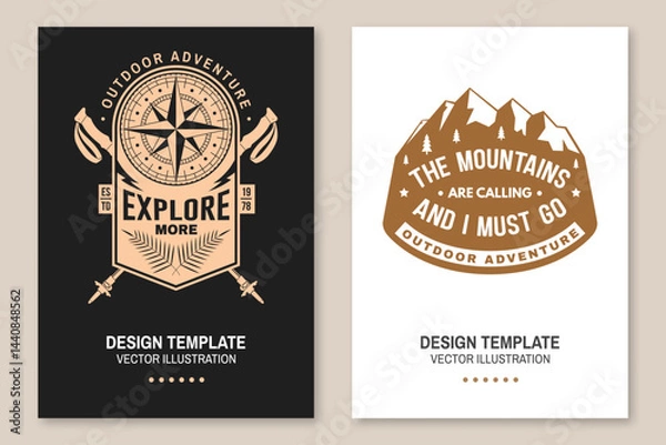 Obraz Outdoor adventure flyer, poster, banner design. Vector. Concept for shirt or logo, print, stamp or tee. Vintage typography design with old retro compass, mountain and trekking sticks.