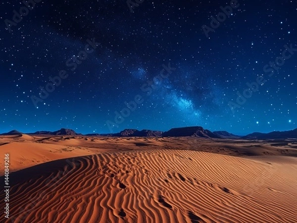 Fototapeta Overhead shot of a vast desert under a star-filled sky, distant sand dunes illuminated by moonlight 