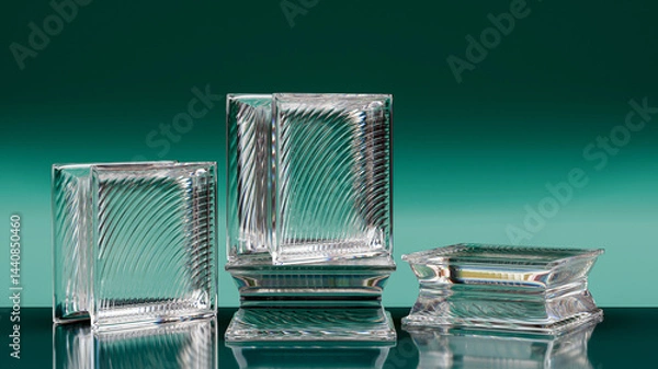 Obraz Group of transparent glass blocks against a turquoise background. Capturing abstract patterns and light distortion. Building assortment for home, bathroom and office.