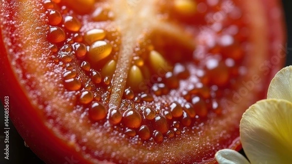 Fototapeta Close-up of fresh juicy tomato slice with seeds and petals in natural light