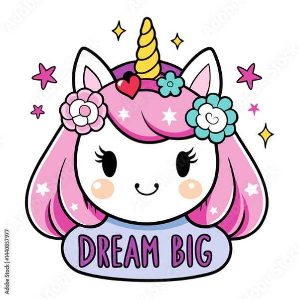 Fototapeta Sticker design of Kawaii unicorn head with flower crown