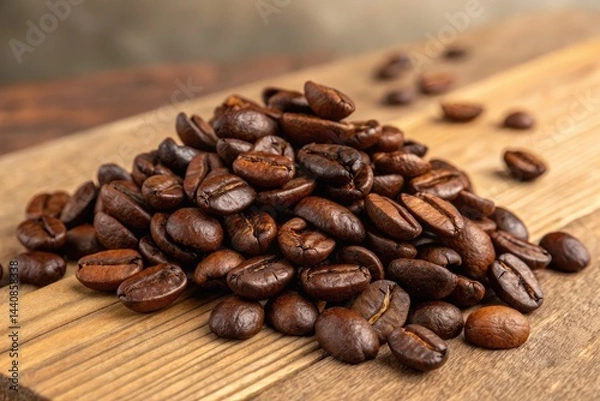 Fototapeta Roasted Coffee Beans Piled High on Wooden Surface Generative AI