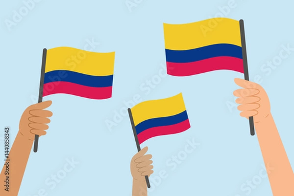 Obraz Diverse people hands raising flags of Colombia. Vector illustration of Colombian flags in flat style on blue background.