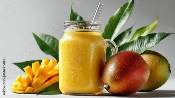 Obraz a fresh and vibrant mango smoothie in a mason jar with a straw on a white isolated background, tropical and refreshing design