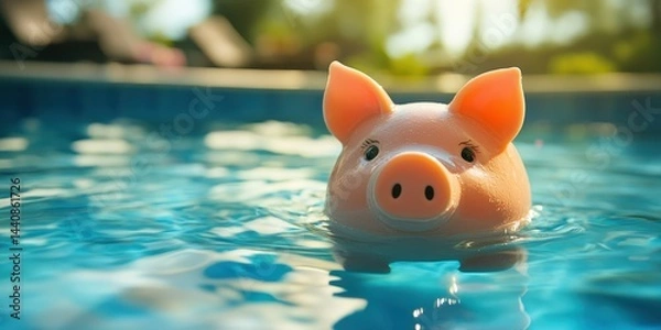 Fototapeta Cute pig-shaped float toy bobbing in a swimming pool during sunny daytime