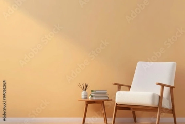 Fototapeta Stylish interior corner with mid-century modern armchair, warm beige wall, wooden side table with books and ceramic vase, soft light