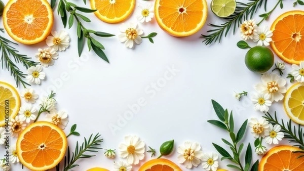 Fototapeta Fresh citrus and floral arrangement with oranges and limes on white background